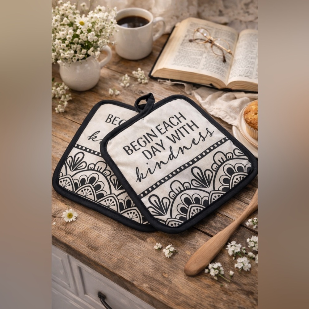 Black and White Pot Holders with Inspirational Quote- Begin Each Day w Kindness - Picture 2 of 16